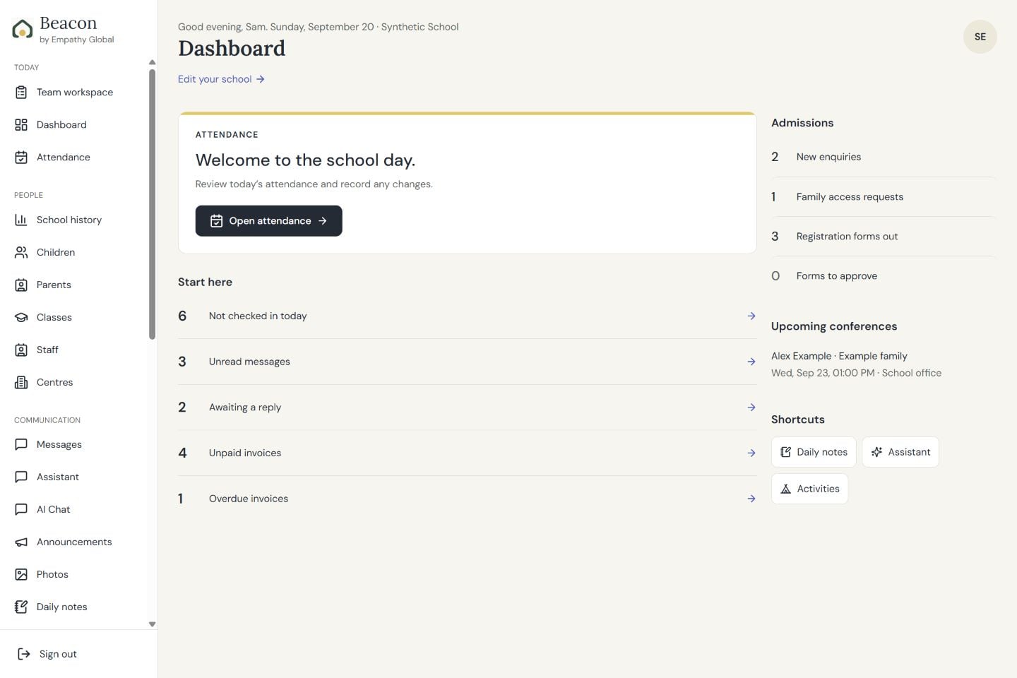 Beacon dashboard showing attendance, admissions, messages and fees, with synthetic demonstration records.