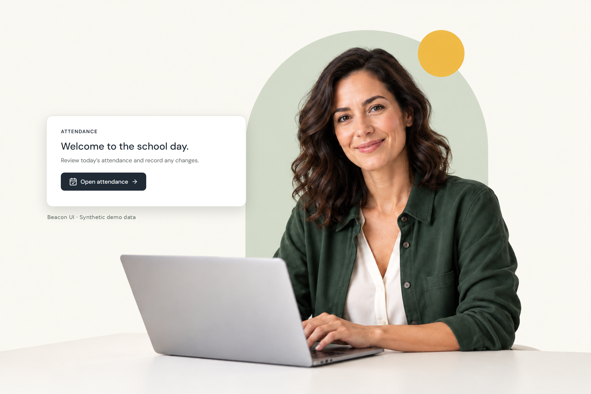 Illustrative woman at a laptop beside a Beacon attendance card labelled synthetic demo data.