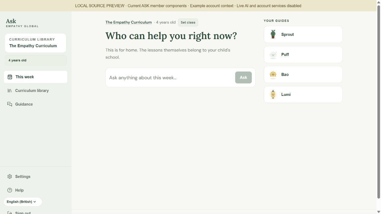 ASK screen: Bring feelings into everyday life. Check the age, Ask about home. Example records.