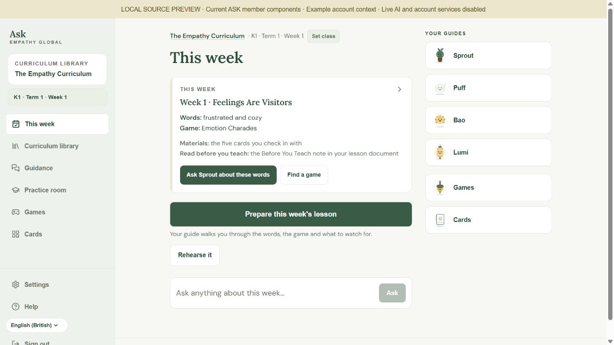 ASK screen: Prepare your Empathy week. Set your class, Read this week, Ask Lumi. Example records.