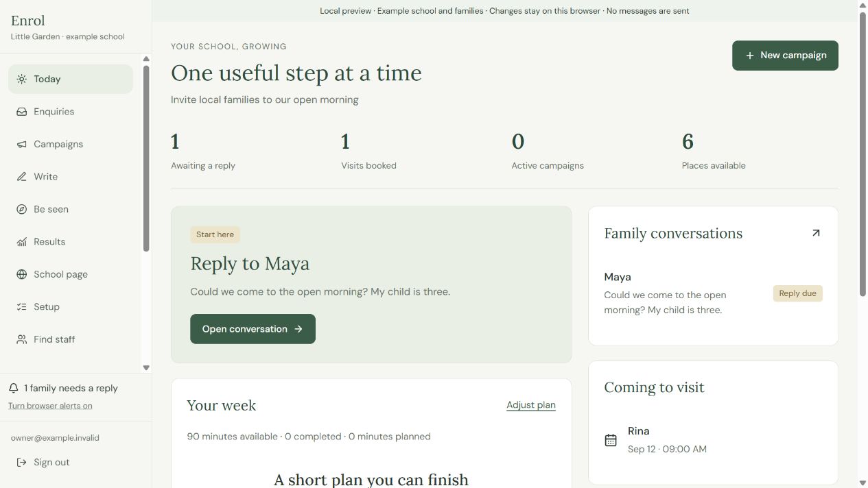 Enrol screen: Find your next useful action. Start with a reply, Shape your week, Make an invitation. Example records.
