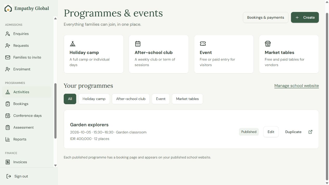 Check the published programme — example school and family.