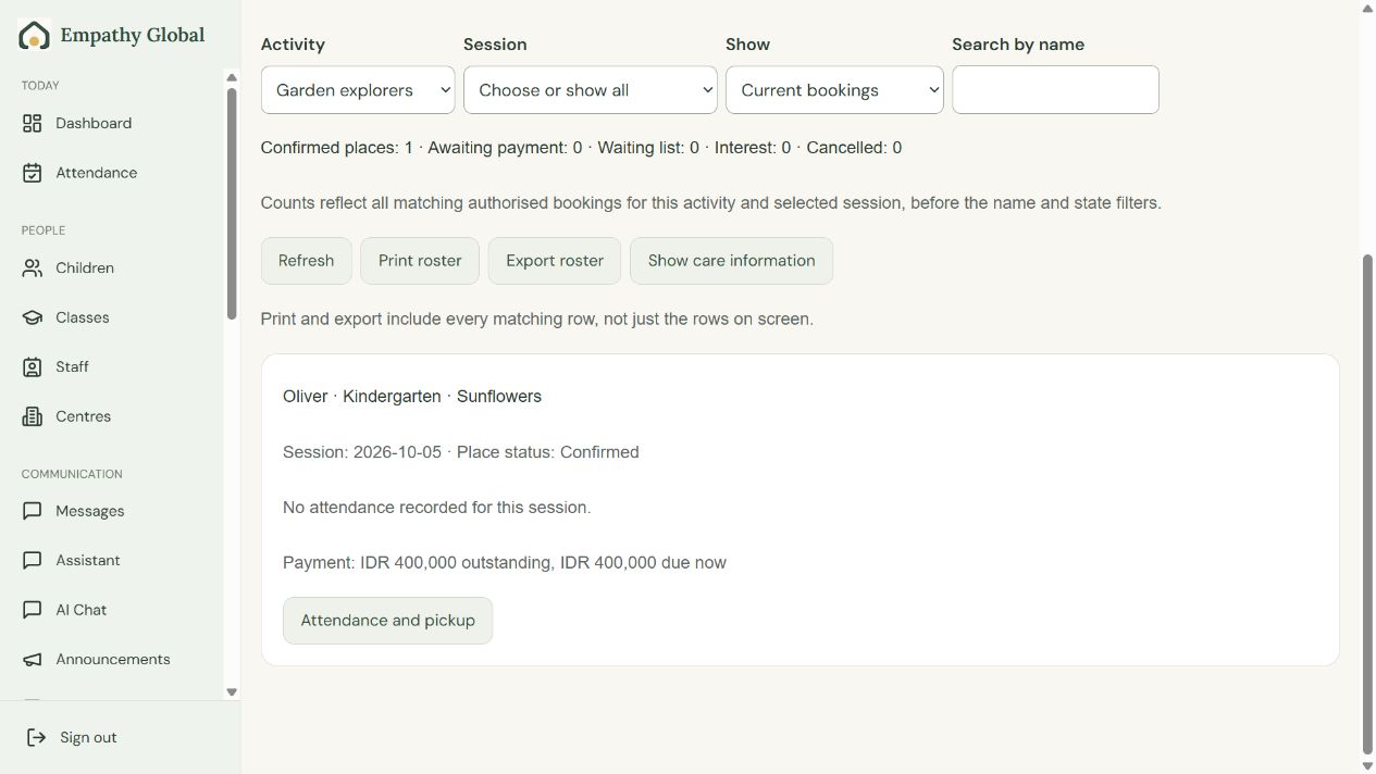 Check the child, session and place status — example school and family.