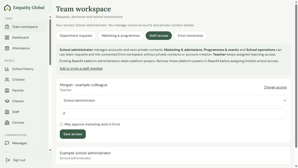 Beacon Team workspace with Staff access selected and an unsaved School administrator choice for an example IT colleague.