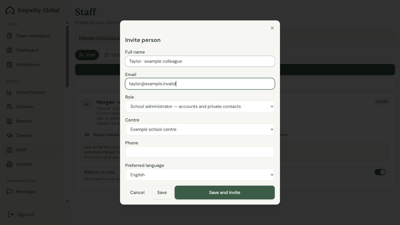 Beacon Invite person form showing example name and address, School administrator role, centre and the separate Save and Save and invite buttons.