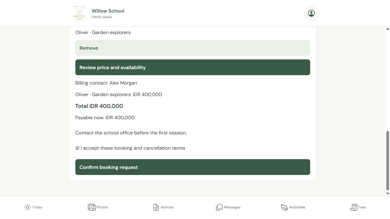 Review the price and booking terms — example school and family.