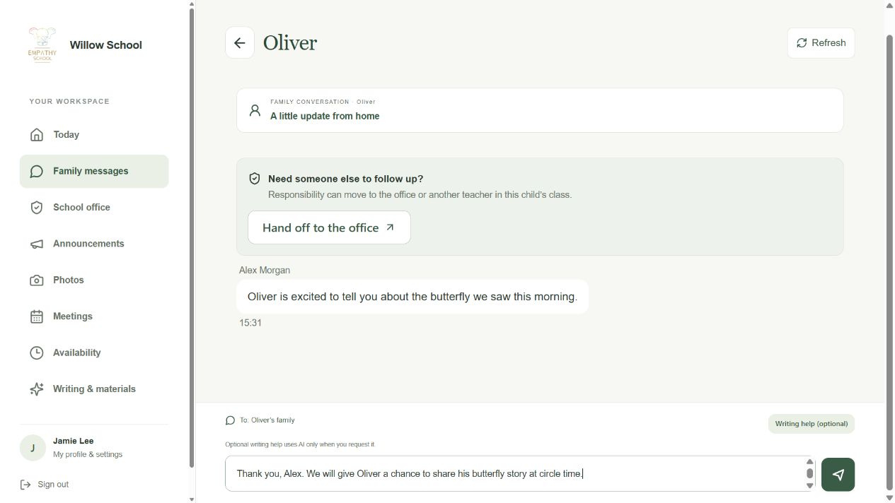 Review your reply before sending — example school and family.